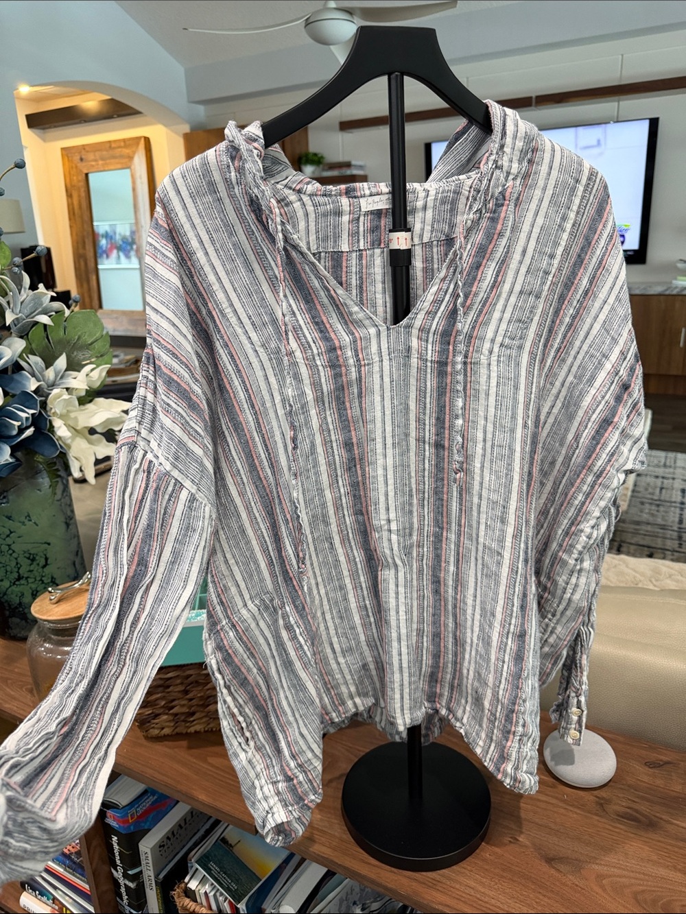 Womens free people/cp shades  Striped Linen-Blend Hooded Shirt - White & Blue